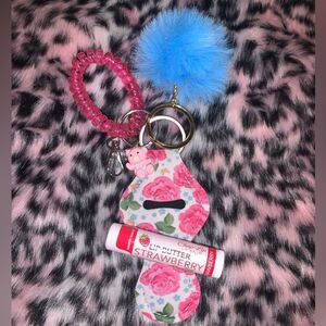Pink Rose Chapstick Holder Keychain Set with Teddy Bear Charm